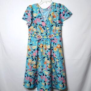 Misslook floral blue midi vneck flutter sleeve pleated dress sz S
